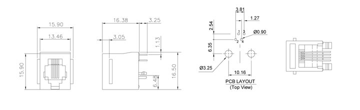 Drawing for RJ11 Vertical Connector 6P4C PCB Mount Unshielded