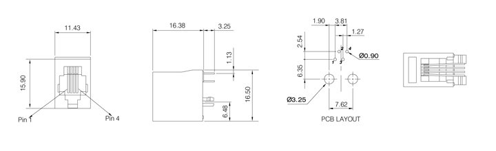 Drawing for Vertical RJ11 Modular Jack 4P4C Connector without Panel Stop