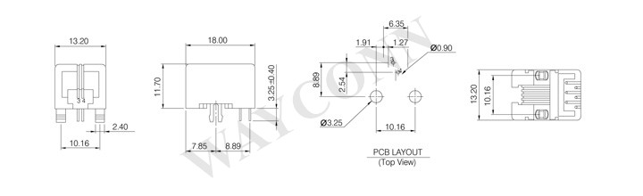 Drawing for PCB Mount RJ11 4P4C Jack Side Entry 