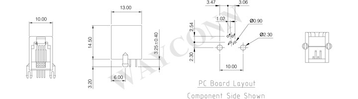 4 PIN RJ11 Female Connector, PCB MOUNT, R/A