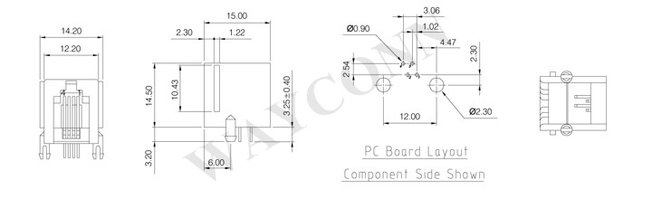 Drawing for RJ11 4P4C PCB Socket Female Connector, Right Angle, Length 15mm
