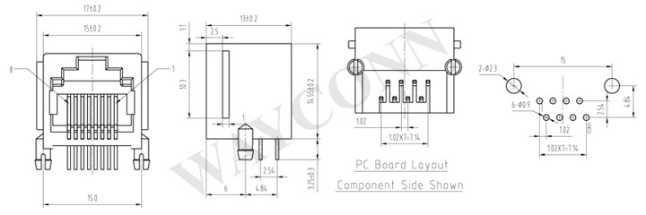 DRAWING FOR PCB MOUNT RJ45 JACK, 8P8C, RIGHT ANGLE