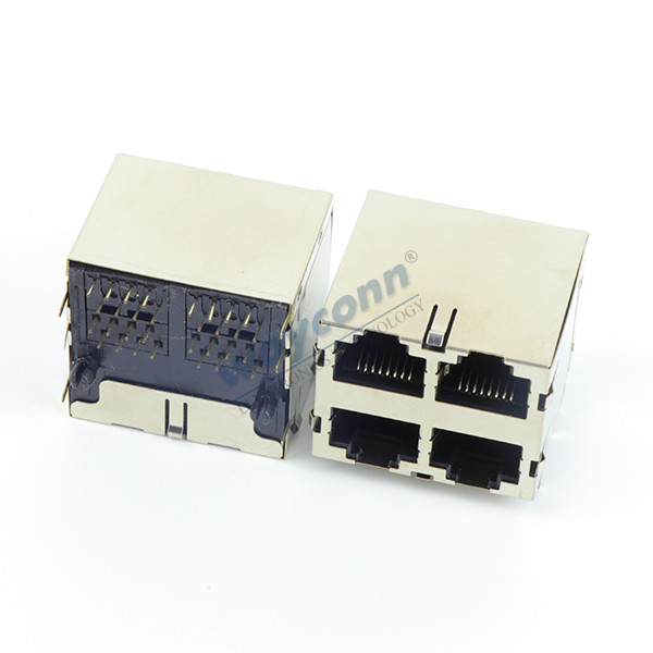 2X2 Stacked RJ45 Modular Jack Connector, Shielded, R/A
