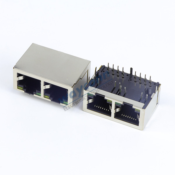 2 Port RJ45 PCB Connector, 1X2, Shielded with LED