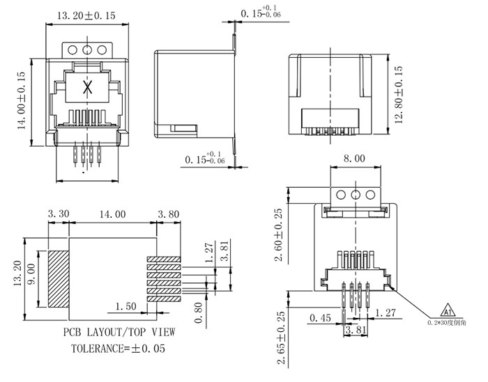 Top Entry 6P4C RJ11 SMT/SMD Modular Jack Connector Drawing