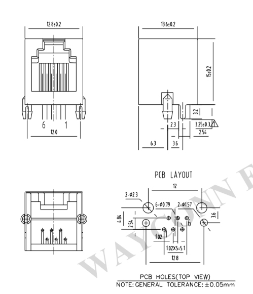 Shielded 6P6C RJ11 PCB Mount Connector Drawing