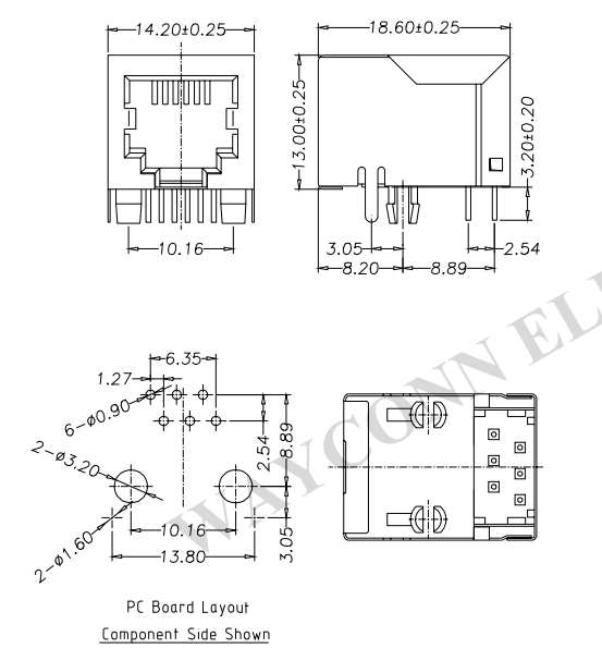 RJ11 PCB Mount Modular Telephone Socket Drawing