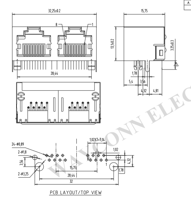 Tab Up RJ45 1X2 PCB Socket Connector Drawing