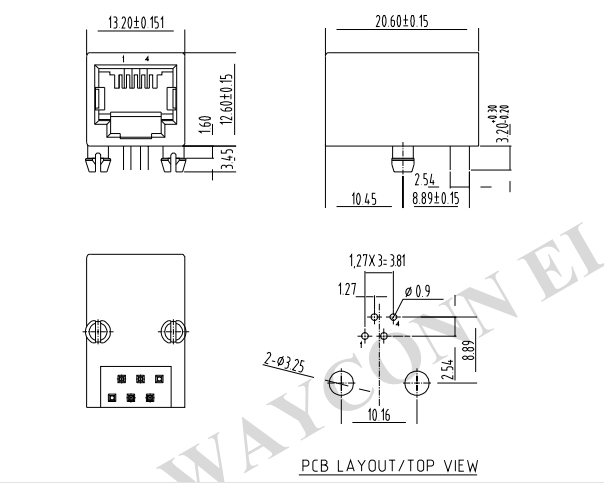 Drawing for Side Entry 6P4C RJ11 PCB Socket w/ Panel Stop