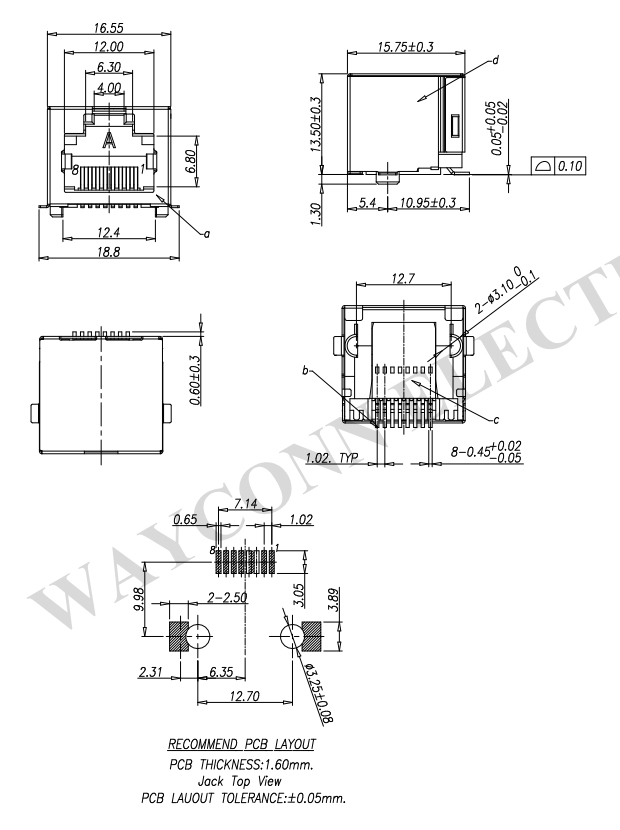 Shielded RJ45 SMT Connector Right Angle 8PIN Drawing