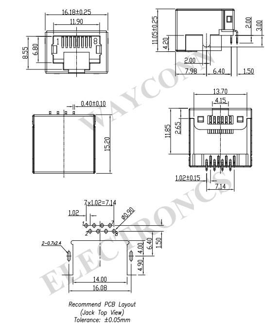 Tab Down Offset RJ45 Connector Reverse Mounting Drawing