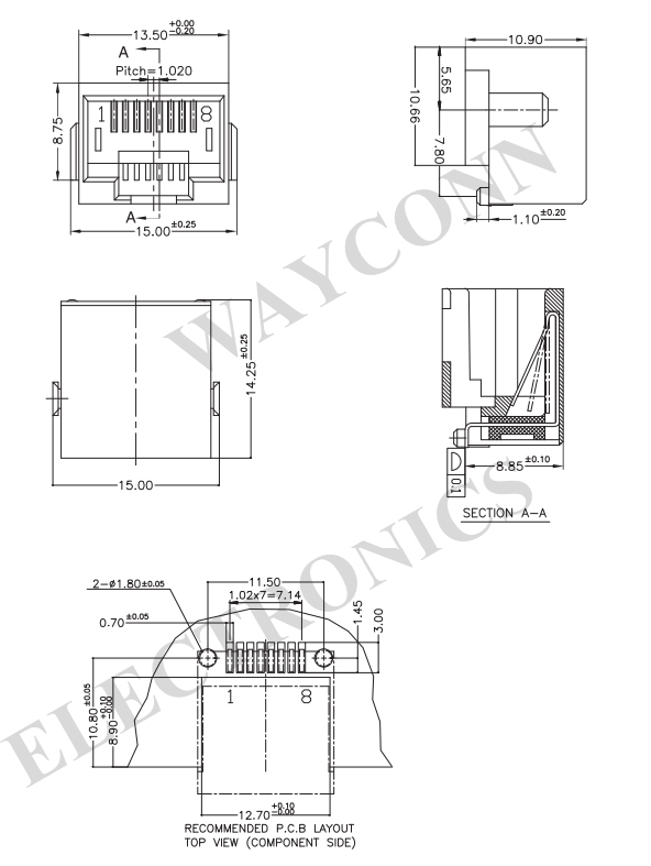 Tab Down Unshielded SMT RJ45 Offset Drawing