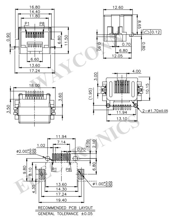 Partial Shielded SMT RJ45 Sinking PCB Type Drawing