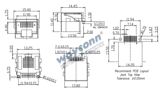 Unshielded Offset RJ45, H=5.3 Drawing