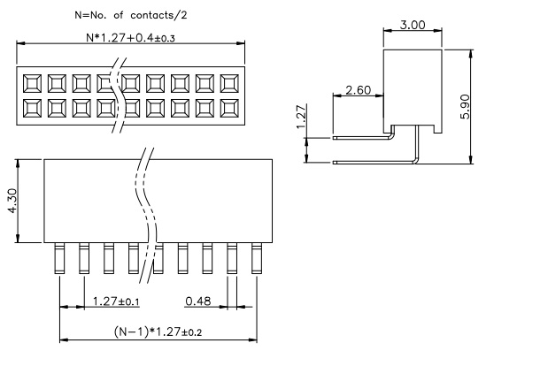 Dual Row Right Angle 1.27mm Female Header, H=4.3 - FH127-2R11 Drawing