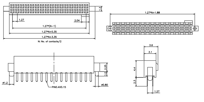 Dual Row Straight 1.27mm Header Socket Thru-Hole w/ Bump - FH127-2S04 Drawing