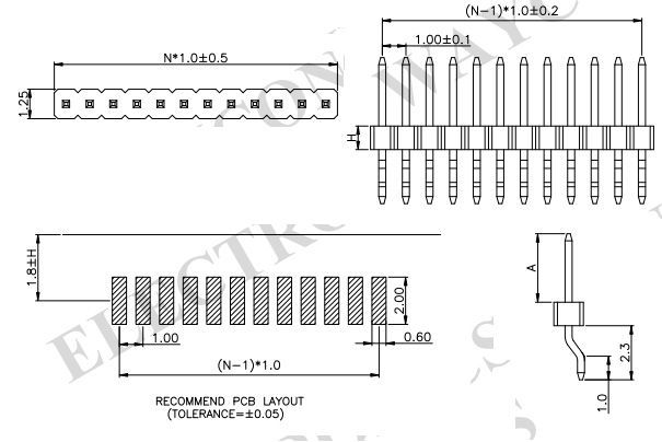 Single Row 1.0mm SMT PIN Header, Right Angle - PH100-1M16 Drawing