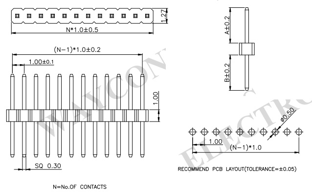 Single Row Straight 1mm PIN Header, Thru-Hole - PH100-1S02 Drawing