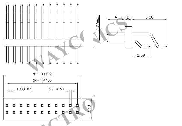 Right Angle Dual Row 1mm SMT PIN Header - PH100-2M01 Drawing
