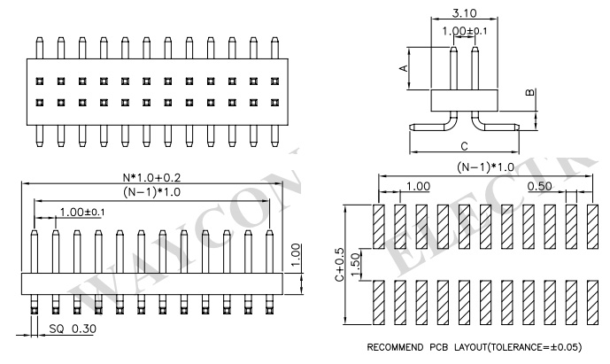 Dual Row Straight SMT 1.0mm PIN Header - PH100-2M08 Drawing