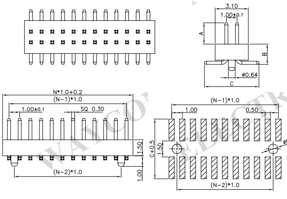 Dual Row Vertical SMT 1.0mm PIN Header w/ POST - PH100-2M09 Drawing