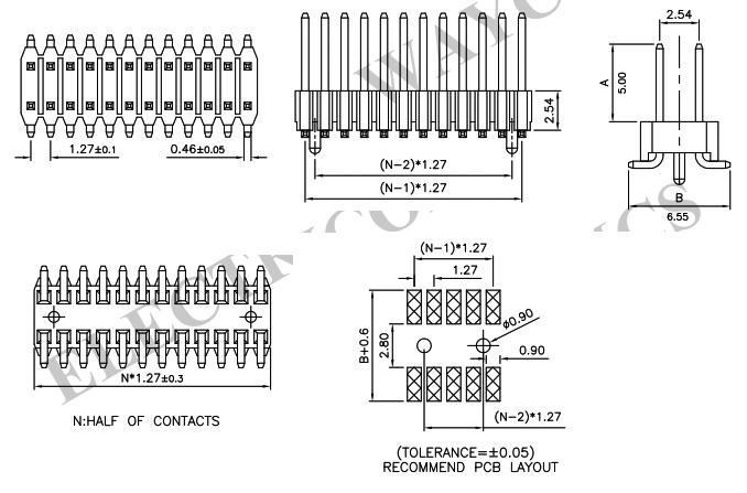 2 Row Straight 1.27mm x 2.54mm SMT Pin Header - PH125-2M15 Drawing