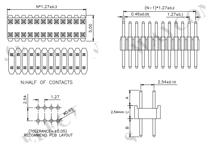 Dual Row Straight 1.27mm x 2.54mm Male Header PH125-2S14-Drawing
