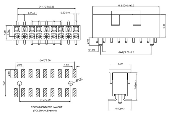 2mm Pitch Vertical Dual Row SMD Socket, H=6.35, w/Post - FH200-2M21 Drawing