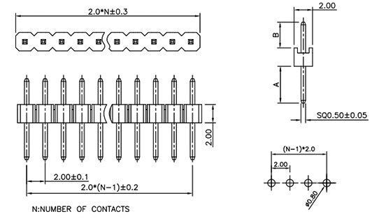 2mm Pitch Single Row Straight Pin Header (Male) - PH200-1S01 Drawing