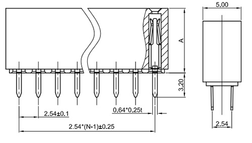 Dual Row Straight Thru-Hole 2.54mm Header Socket, "U" Terminal FH254-2S01U-Drawing