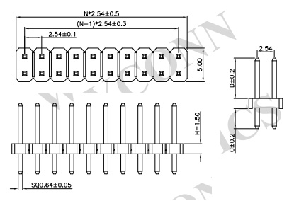 Dual Row Straight Thru-Hole 2.54mm Pitch Pin Header H=1.5mm, PH254-2S20-Drawing