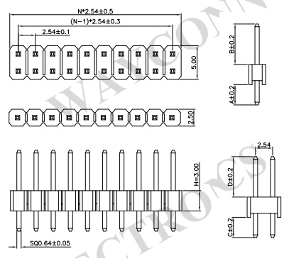 Dual Row Straight Thru-Hole 2.54mm Pitch Pin Header H=3.0mm, PH254-2S21-Drawing