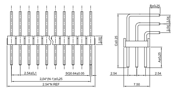 3 Row 2.54mm Pitch Pin Header, Triple, Right Angle Thru-Hole, H=2.5 PH254-3R00-Drawing