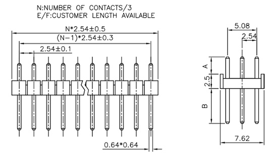 3 Row 2.54mm Pitch Thru-Hole Pin Header, Straight PH254-3S00-Drawing