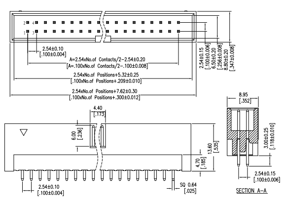 2.54mm Pitch IDC Box Header Connector Drawing