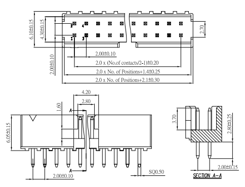 2mm IDC Box Header Connector, S/T, DIP Drawing