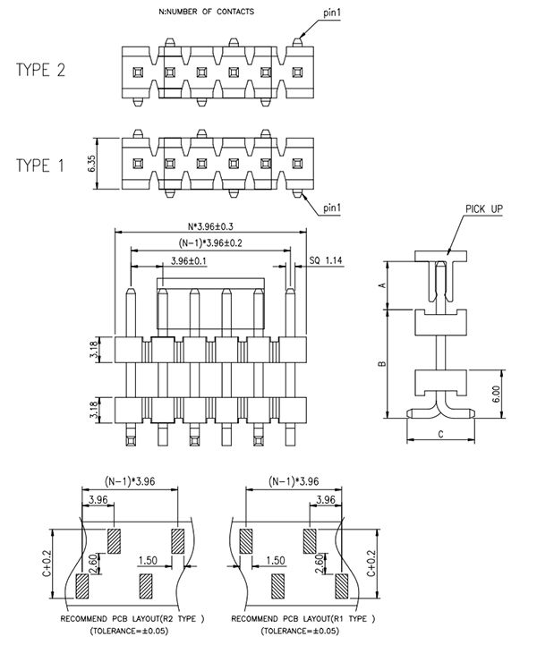 SMT Type 3.96mm Board Spacer Pin Header Drawing
