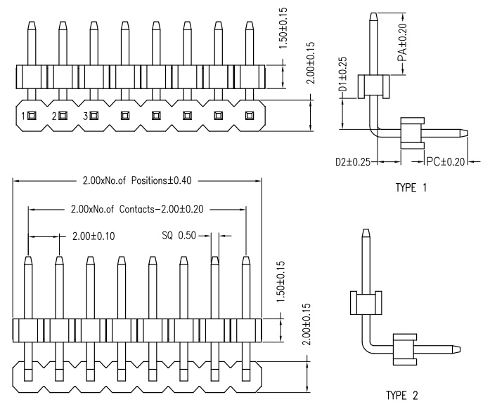 Right Angle Elevated 2mm Pin Header Drawing